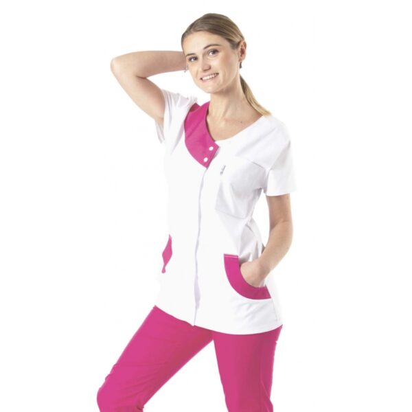 Blouse blanche médicale femme Junon Fushia / Blanc